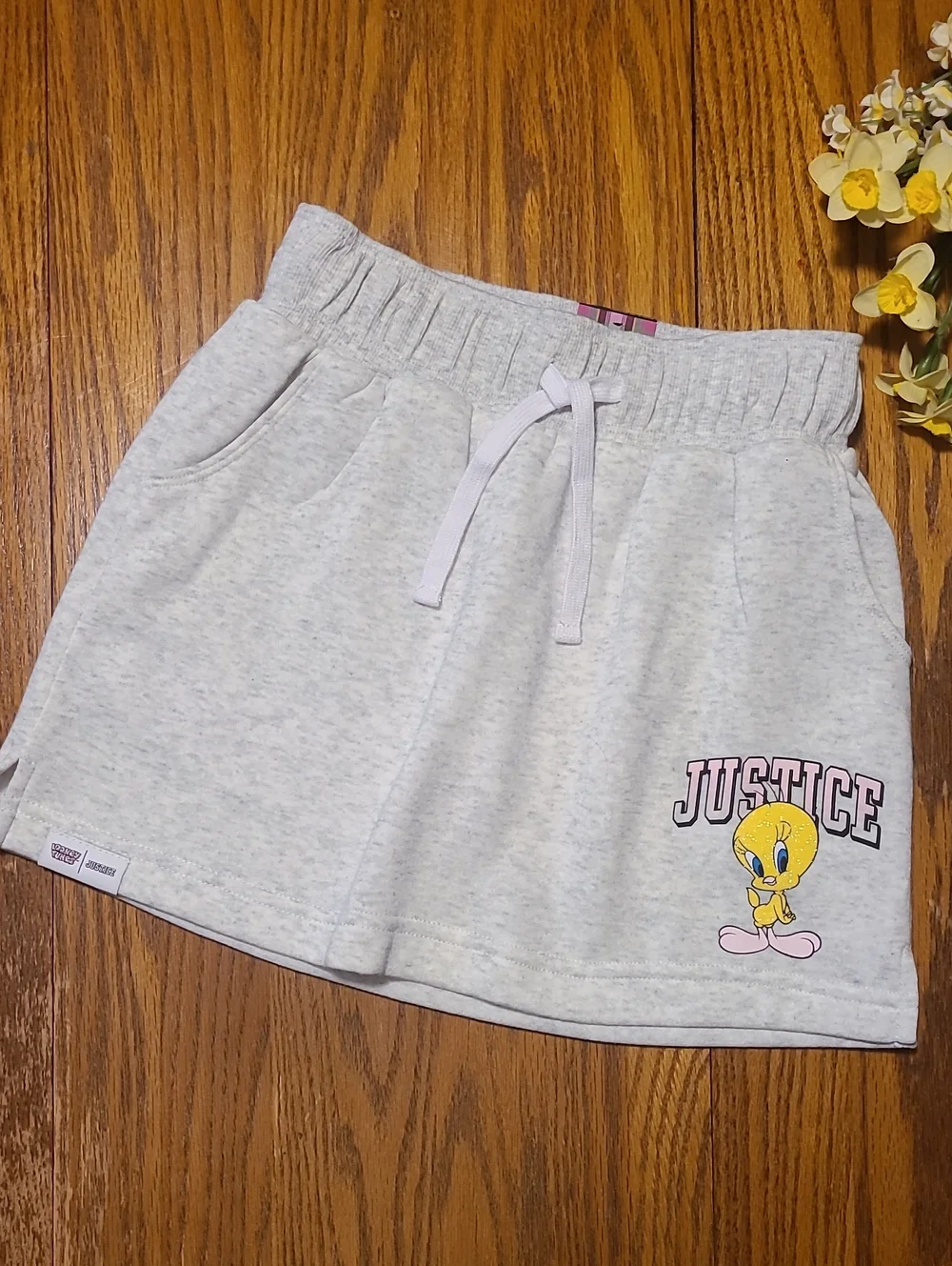 Justice NWT Light Grey Tweety Drawstring Skirt with Logo - 7/8